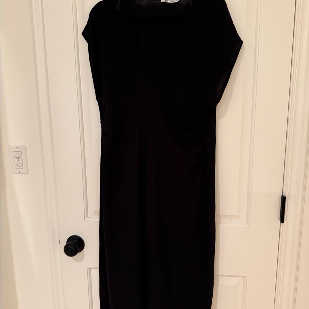Zara Black Sheath Midi Dress with Bateau Neckline